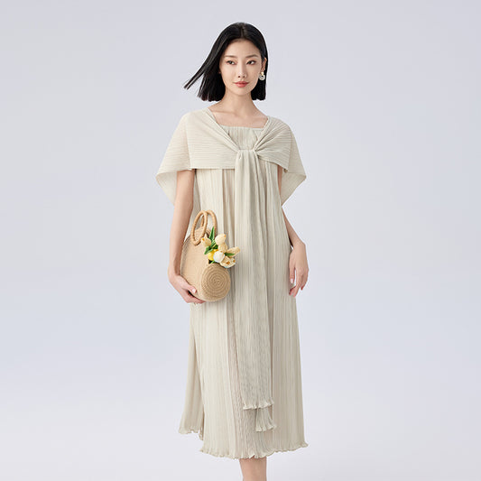 Design Stringy Selvedge Hem Cape Style Pleated Dress Women Loose Square Collar Straight Dresses