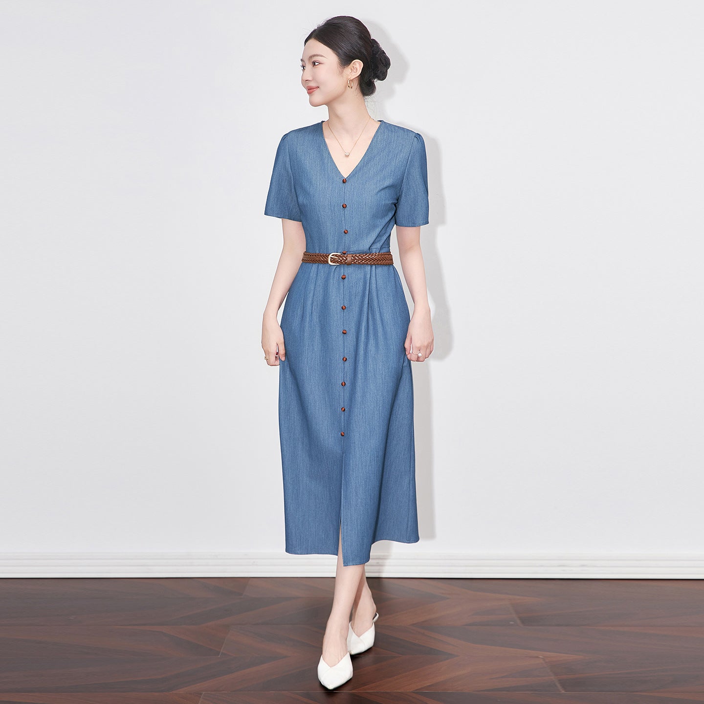 Women Sweet Denim Midi Dress Short Sleeve Belt A Line One Piece Sashes Summer Mid Calf Dresses Vestido