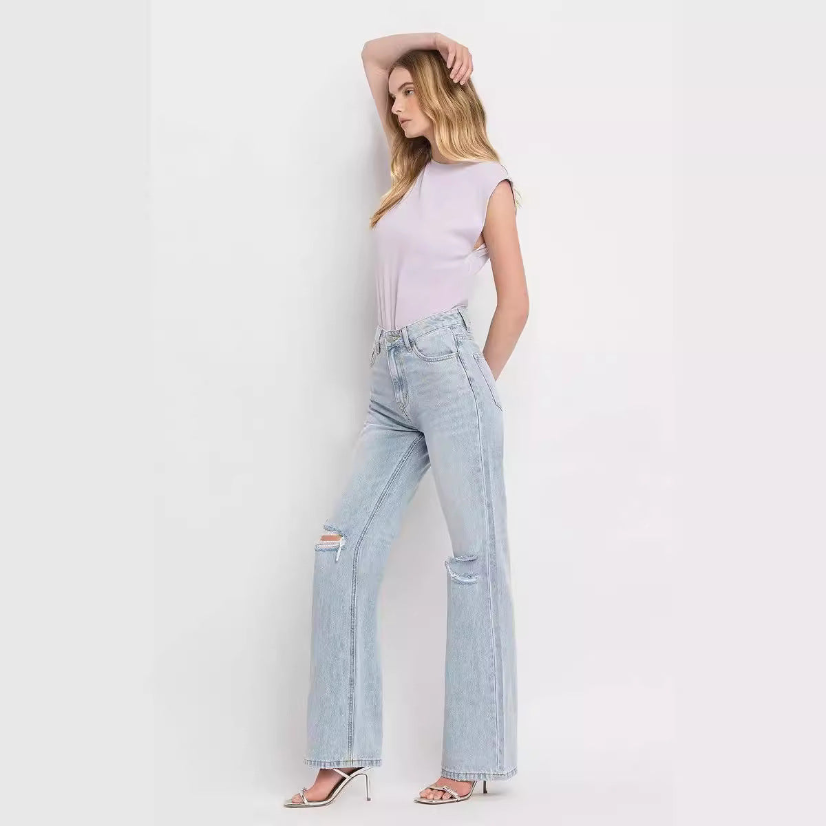 Women Stretchy High Waisted Straight Trousers Ripped Irregular Button Jeans