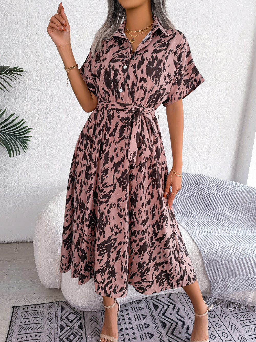 Women's Casual Loose Leopard Tie Shirt Dress Vintage Commuter Style Short Sleeve Waisted Skinny A-Line Dresses