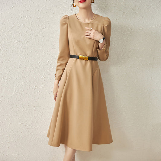 New Red Solid Women Dress Long Sleeve O-Neck Sheath OL Work Dresses With Belt