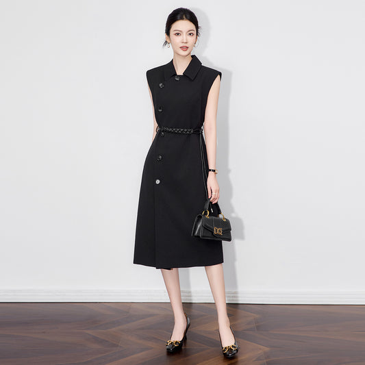 Spring Summer New Arrival Women's Dr Slimming Waist High Waist A-Line Skirt Sle Double Button No-Sve Suit Collar Dr
