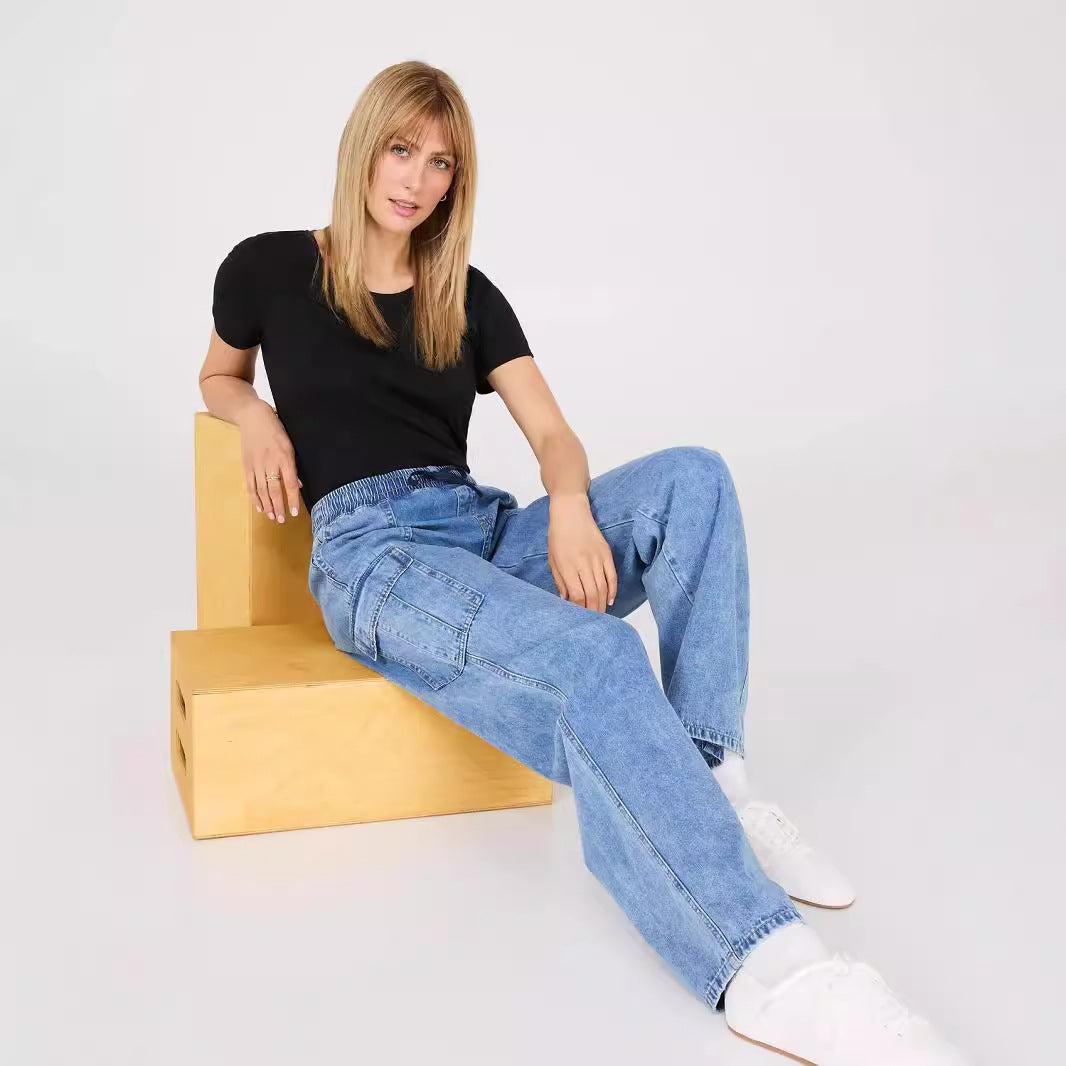 Women's Casual Workwear Jeans Multiple Pockets Wide Leg Loose Fit Pants