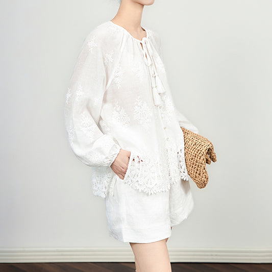 South French Estate Heavyweight Embroidery Long Sleeve Women's Shirt with Belt Tie Three Dimensional Design Button up Top