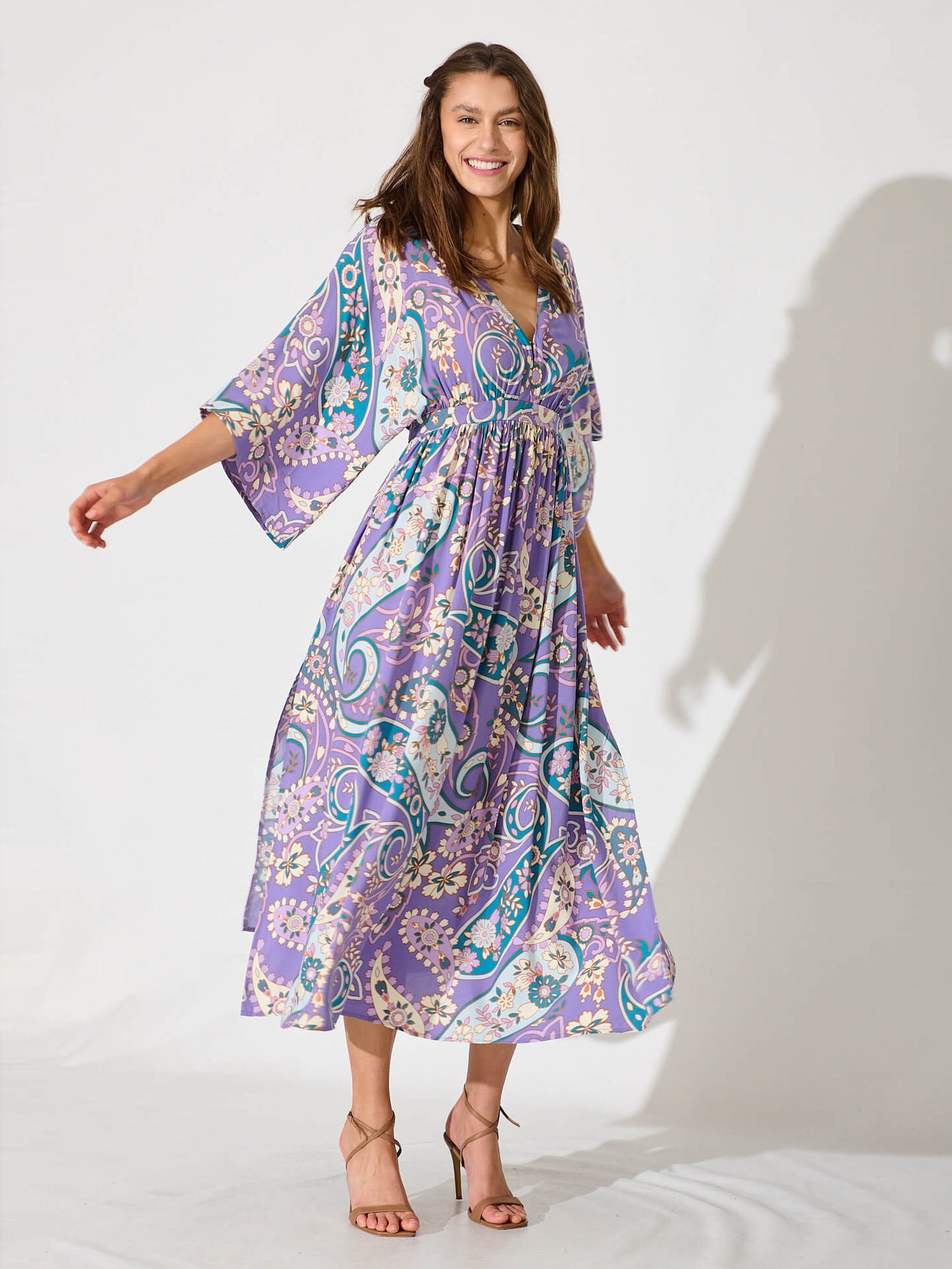Elegant Vacation Dress Women Summer New Casual V-Neck Bat Sleeve Waist Long Dresses Loose Printed Bohemian Style Female Vestidos