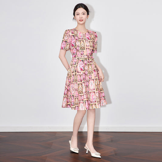 Women's Light Luxury Elegant Round Neck Intricate Print Slimming Tie Waist Summer Dress Fashion