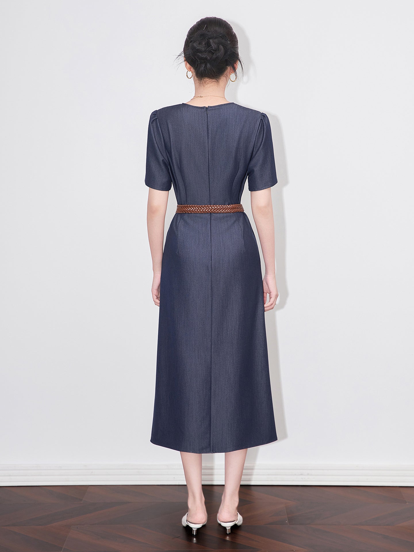 Women Sweet Denim Midi Dress Short Sleeve Belt A Line One Piece Sashes Summer Mid Calf Dresses Vestido
