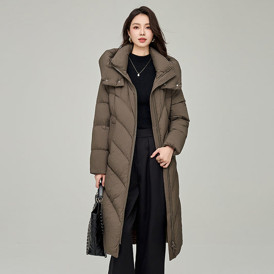 Winter New Women's Duck Down Stand-Up Collar Hooded Down Jacket Casual Loose Fluffy Warm Long Coat