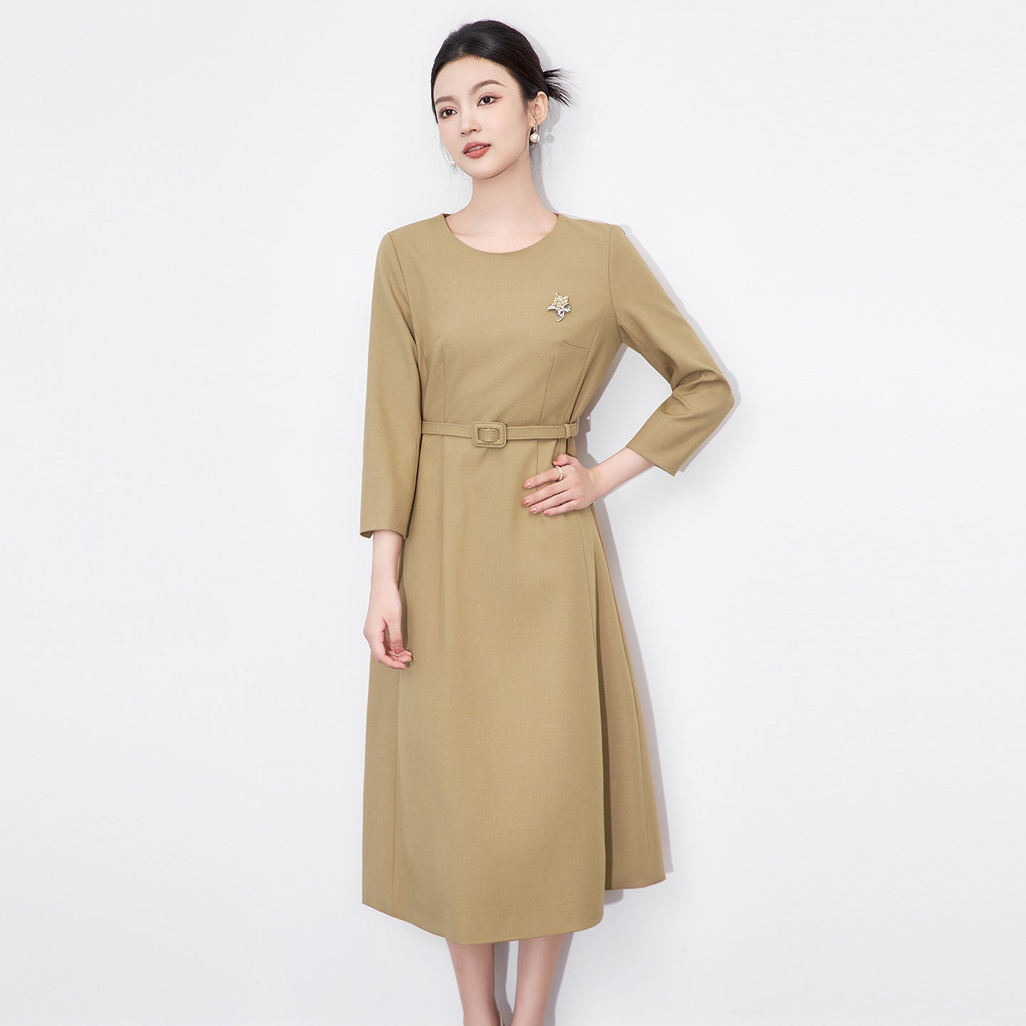 Fashion Solid Round Neck Elegant Festival Midi Dress Women Autumn Half Sleeve Temperament Office Professional Dress