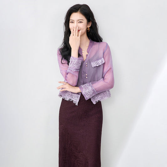 Purple Sun Protection irt Chiffon Women Summer Thin Design ort Outerwear Dstring Semi-Transparent Collar Jaet