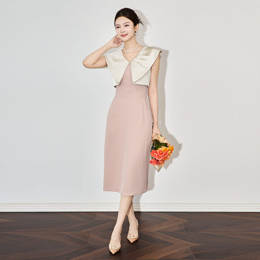 French Style Dress for Women V-neck Sleeveless Contrast Color Patchwork Hem Slit Female Dresses