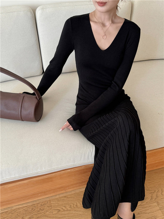 New Autumn Winter Solid Long Sleeved Slim Knitwear Dress Korean Version Women Elegant V-neck Dress Simplicity Versatile Clothing