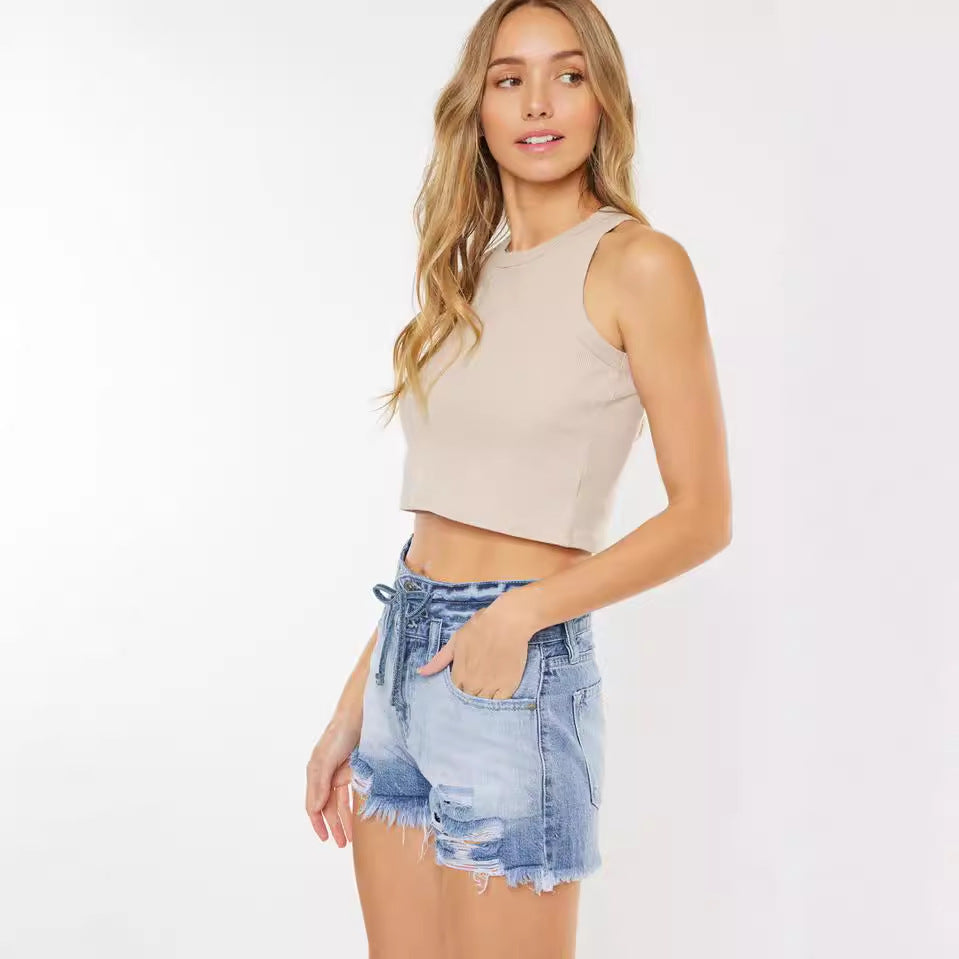 Women's Jeans Hot Girl Street Ripped Chain Shorts Low-Waisted Sexy Slimming Straight-Leg Pants