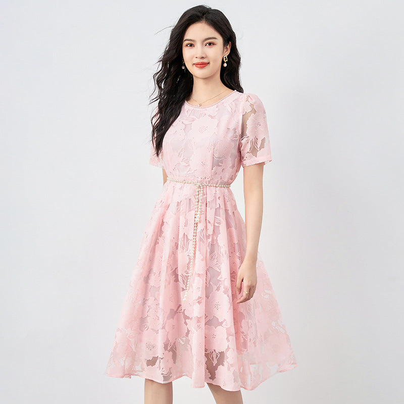 Elegant Jacquard Dress Medium Length Heavy Worked Quality Sensual Woman's Gown
