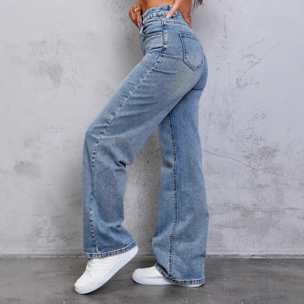 Autumn Winter Solid Color Loose Denim Pants Women Low Waist Wide Leg Trousers with Multi Pockets Streetwear