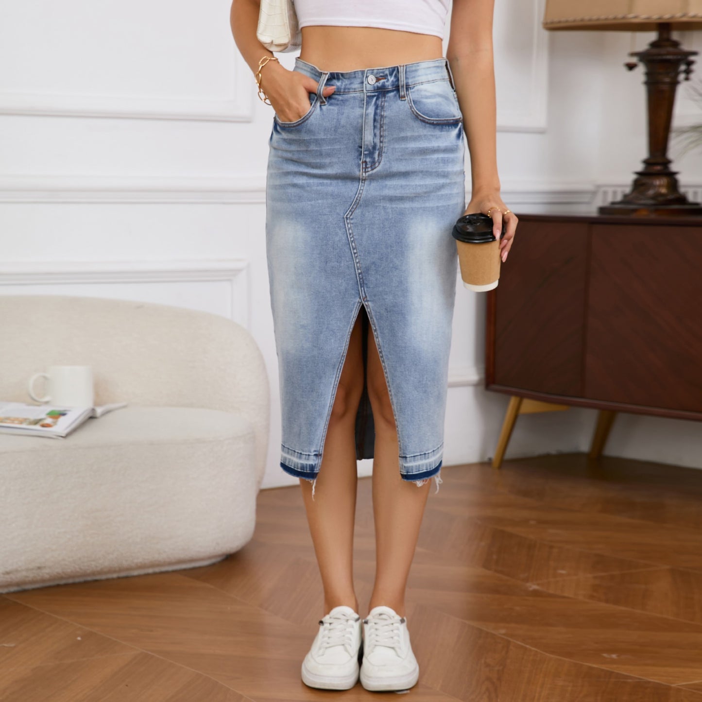 Women Vintage Split Hem Denim Skirt Female Irregular High Waist Button Patchwork Half-body Dress