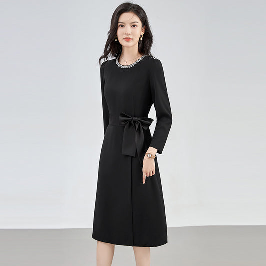 Slimming Heavy Work Waist Cinched Red Angora Knee Length Dress Women's Fashion Elegant Style Full Sleeve round Neck Dress