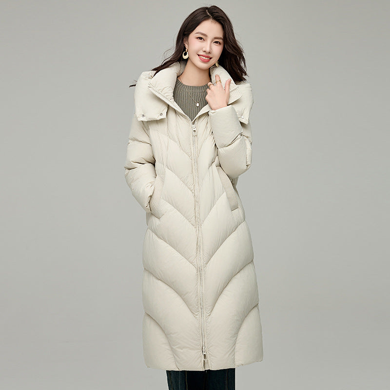 Winter New Women's Duck Down Stand-Up Collar Hooded Down Jacket Casual Loose Fluffy Warm Long Coat