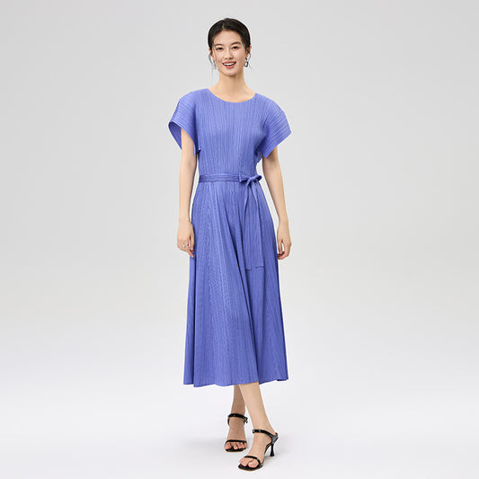 New Short Sleeve Round Neck French Lace Fold Dress For Women Elegant Elastic Long Dresses
