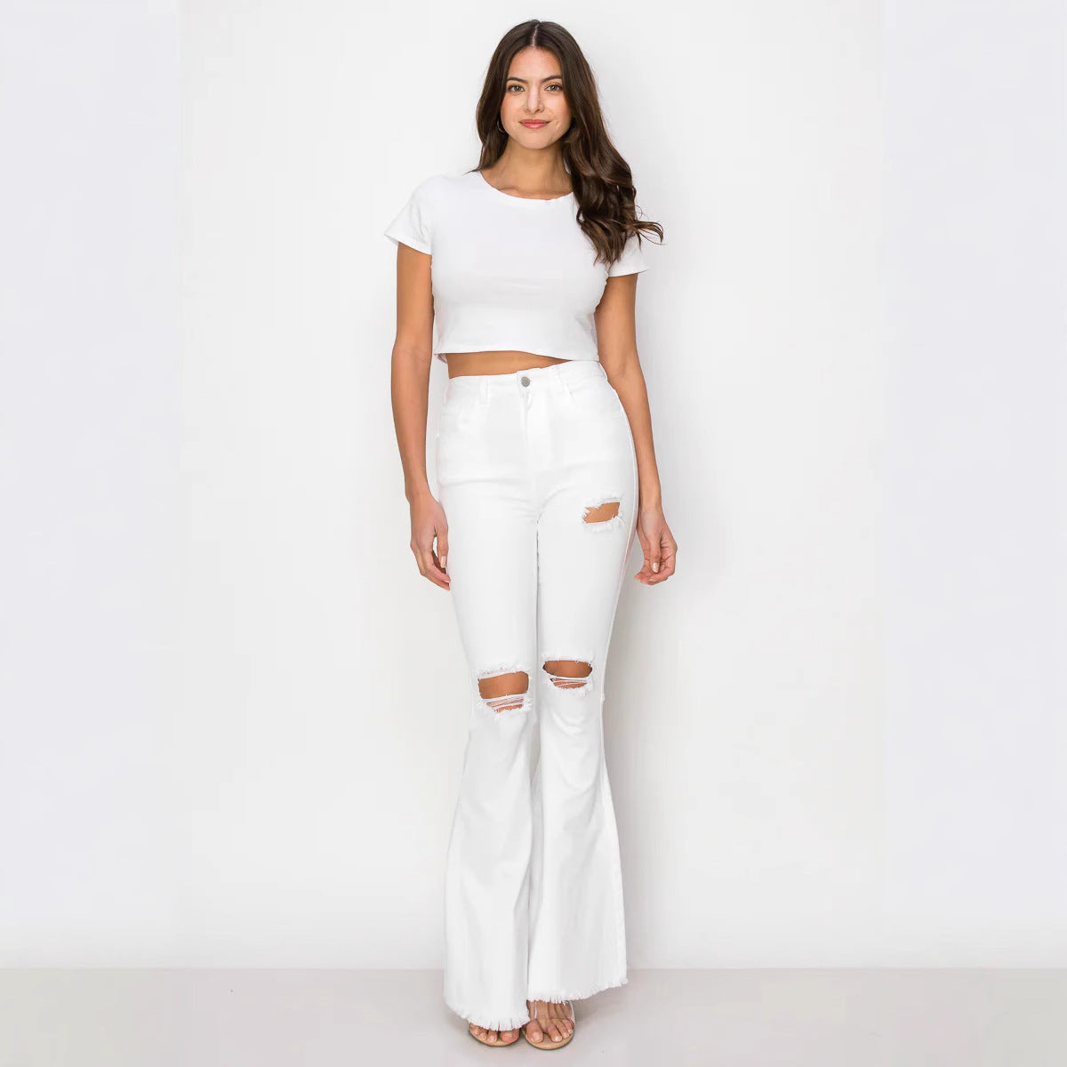 Women's Denim Trousers, Casual Fashion Trousers, High Waist Elastic Hole Slim Flared Trousers, Can Be Worn in All Seasons.