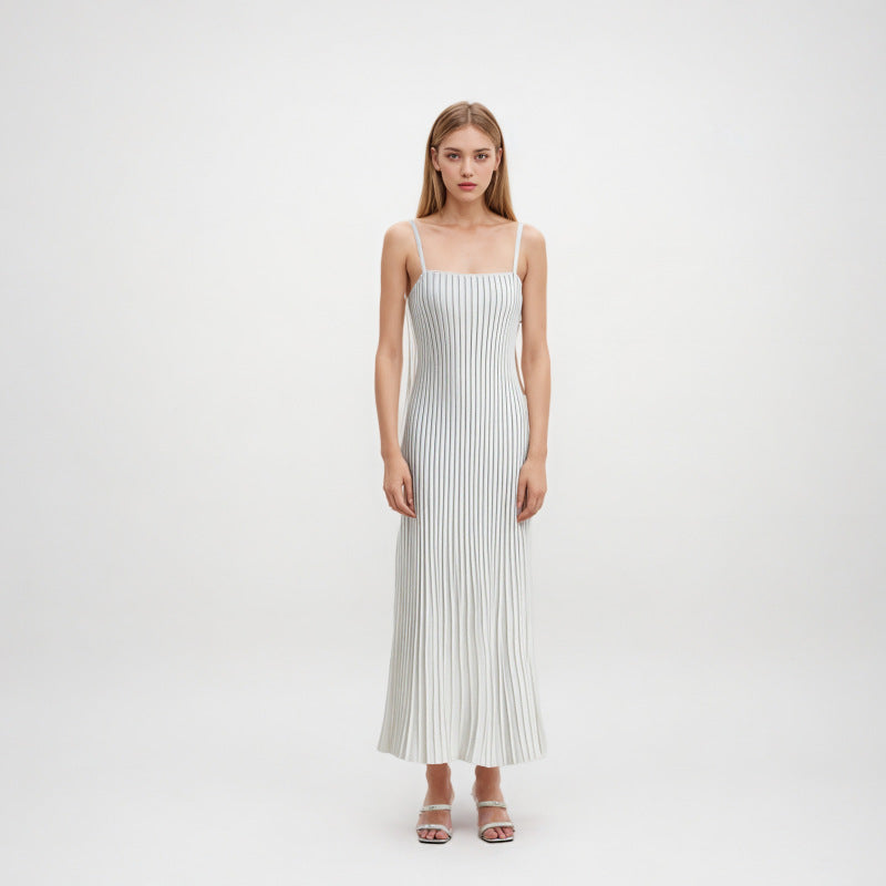 Women Square Neck Spaghetti Strap Ribbed Knit Elastic High Waist Cami Long Dress