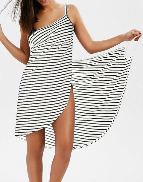 Women's Sexy Beach Skirt Wrap Skirt Vacation Skirt Striped Suspender Dress Summer Beach Sunscreen Bikini Cover Women's Swimsuit