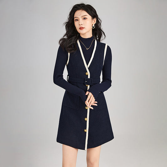 Metallic Button V-Neck Black Slimming Knit Dress For Women Autumn/Winter Season