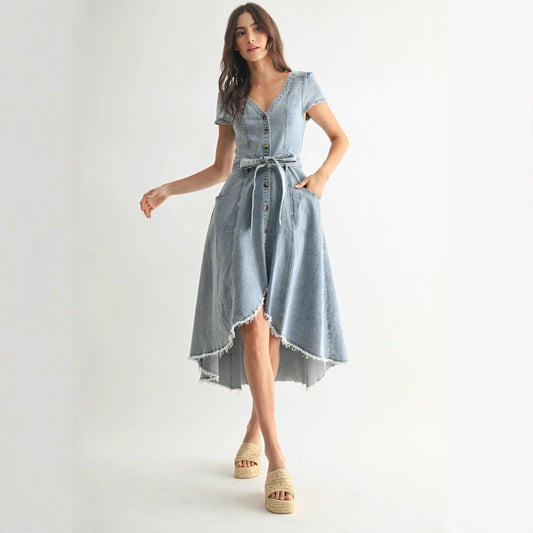 Denim Dress Women Vintage Trendy 2025 Summer New Waist-Cinching Long Dress