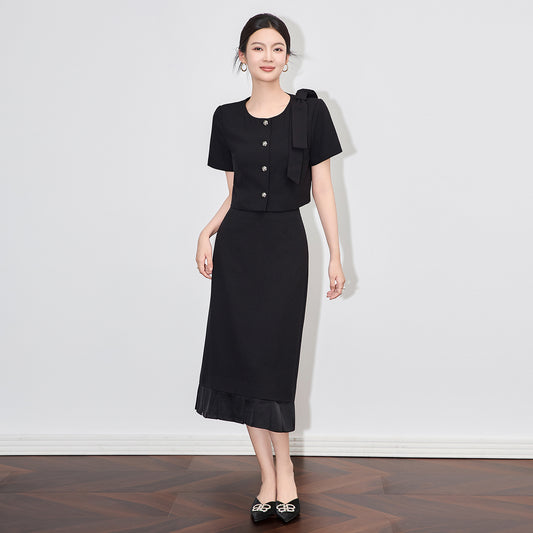 Summer Pink Dress Sets Women Elegant Short Sleeve Ruffles Patchwork Top and Pencil Skirt Suits Two Piece Outfit Office