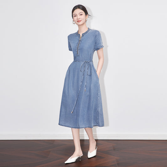 Denim Dress For Women Round Neck Short Sleeve Lace-up Gathered Waist Female Dresses
