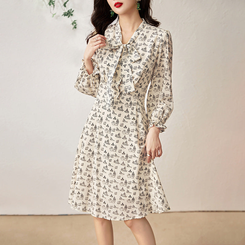 Women Vintage A-Line New Temperament Lovely Girls Printed Puff Sleeve Kawaii Korean Style Retro Vestido Spring V-Neck
