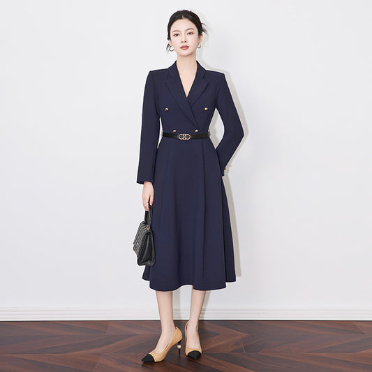Elegant Chic Ladies Spring Office Blazer Dresses Long Sleeve Women Fashion Notched Solid Blue Pink Midi Dress with Belt