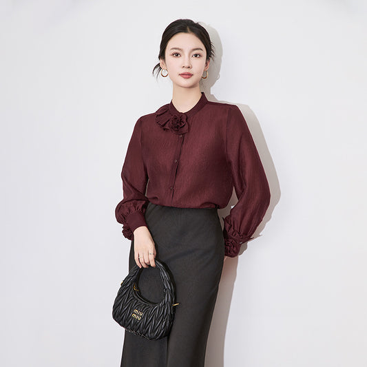 Fashionable Slim Fit Women's Shirt South Oil Luxury 3D Flower Tencel Bubble Gauze Spring Top New Style Elegant Thinming