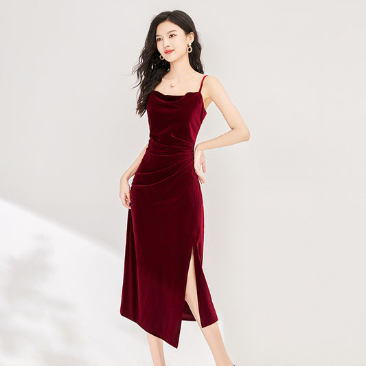 Summer Women's Spaghetti Strap Midi Prom French Vintage Velvet Dress Female Fashion Elegant Slim Evening Party Clothes Vestidos