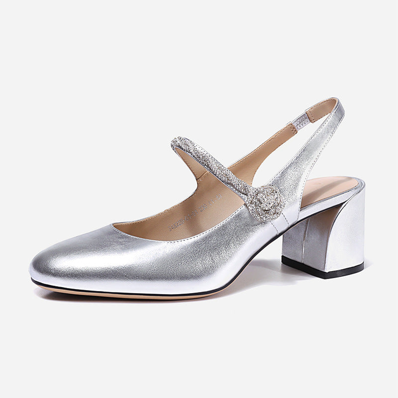 Women Summer Mary Janes Shoes Pink Green Golden Square Chunky High Heels Slingback Sandals