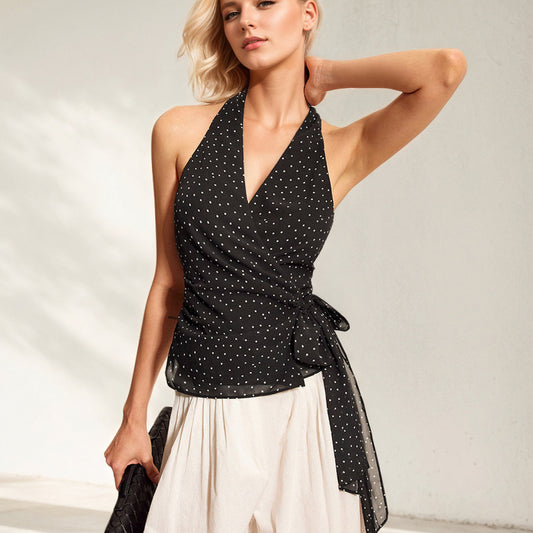 Summer Sleeveless Tops Women Polka Dot Print Fashion Sexy Slim Waist Pleated Ladies Cropped Blouses Bodycon Woman Tops