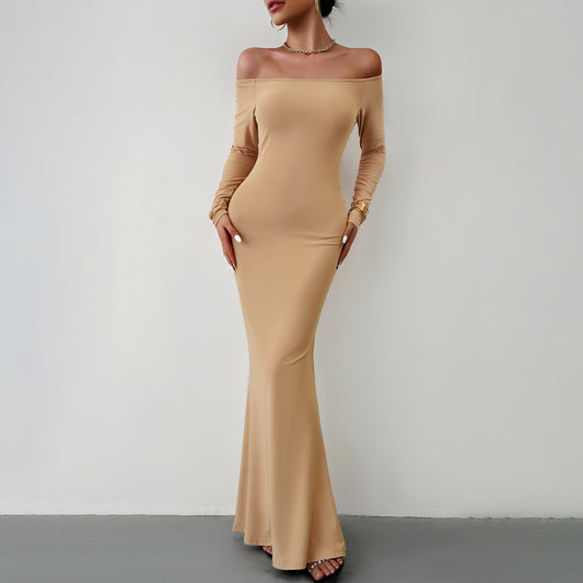 Summer Sexy Elegant Temperament Solid Color Slim-fit One-shoulder Ultra-long Dress