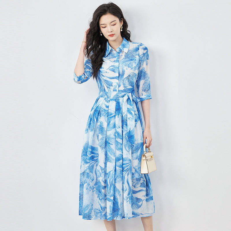 Women Turn-Down Collar Button With Sashes Print Dress A-Link Dress