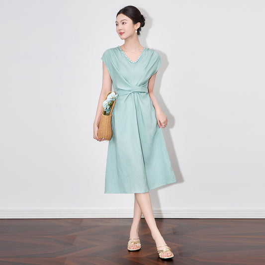 Simple Dress New Solid Color Short-sleeved Round Neck Tie High Waist A-line Skirt