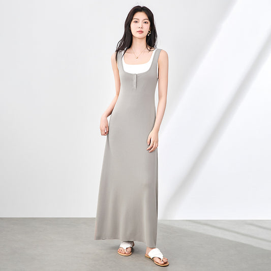 Sweet Simple Constrast Color Spliced Fake Two Piece All Match Small Square Collar Sleeve Dress Punk A-line Dresses