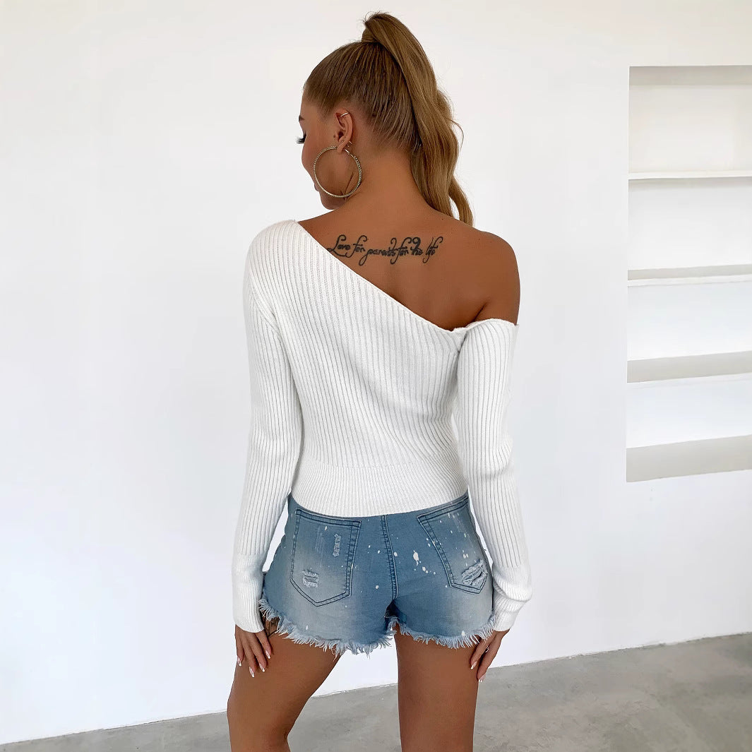 Autumn Women's Cold Shoulder Long Sleeve Casual Crop Sweater