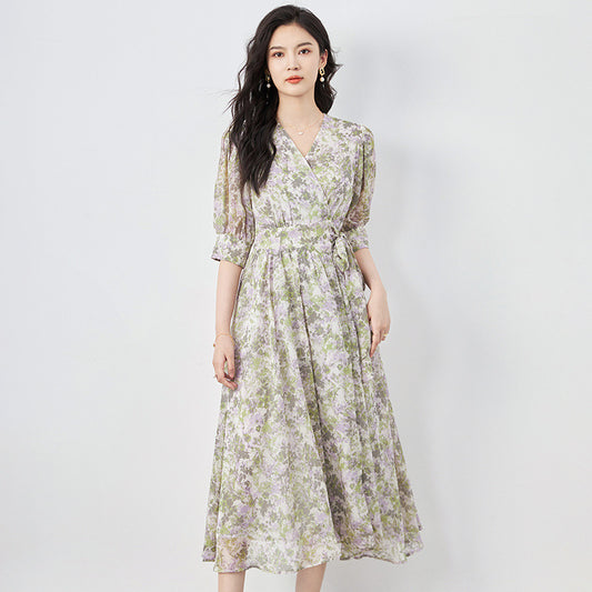 Retro Ele One-Piece Floral Print Chiffon Dr Women's Summer New Sle V-Ne Long Skirt Simple And Faionable Commute