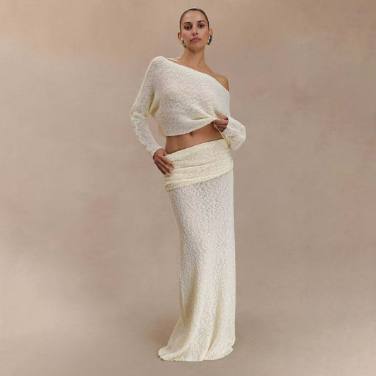 Women Sexy See Through Slim Maxi Skirt Fashion Long Sleeve Tops 2025 New Summer Beach Skirt Set Sexy Beach Skirt 2 Piece Sets