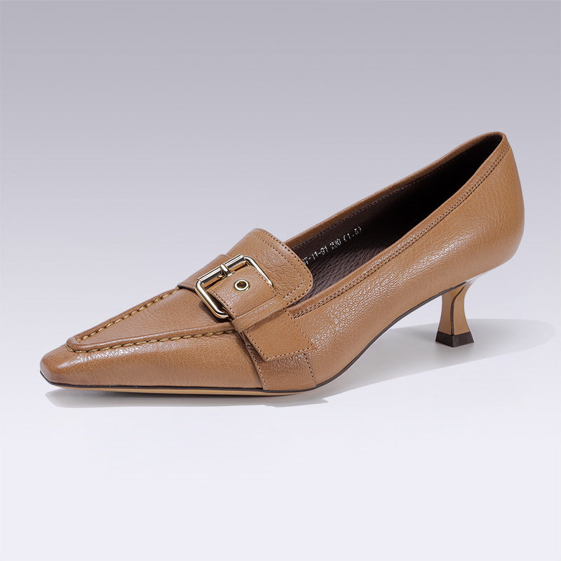 Women's Handmade Genuine Leather Pointed Toe Style Elegant Ladies Mid Heeled Dress Shoes