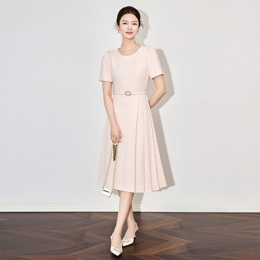 Slimming Effect Waist-Cinching Draped Commute Ready Elegant New Women's Dress Knee-Length round Neck Short Sleeve Dress
