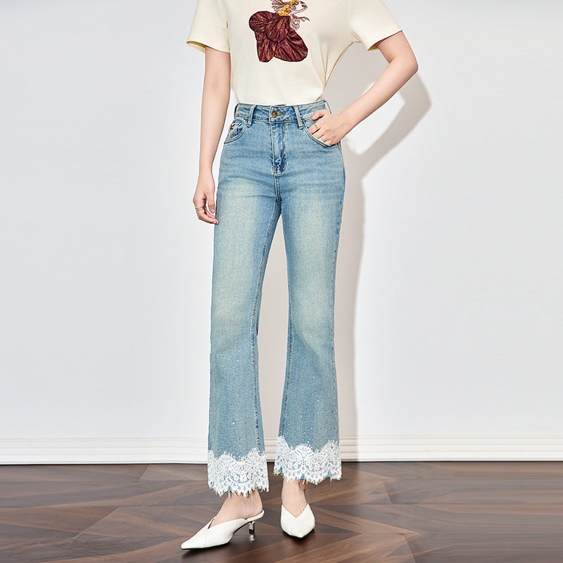 Beading Design Skinny Flare Jeans Women High Waist Stretch Vintage Wide Leg Denim Pants