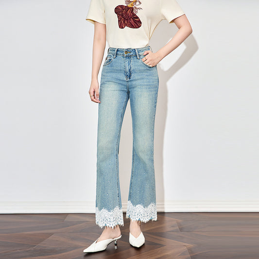 Beading Design Skinny Flare Jeans Women High Waist Stretch Vintage Wide Leg Denim Pants